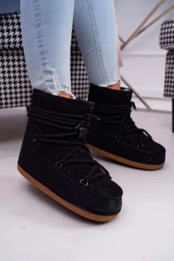 Damskie Boto Damskie Botki Śniegowce Ocieplane Futerkiem Czarne Veme