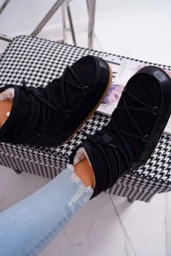 Damskie Boto Damskie Botki Śniegowce Ocieplane Futerkiem Czarne Veme