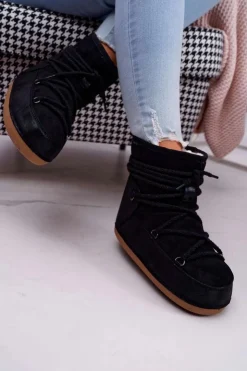 Damskie Boto Damskie Botki Śniegowce Ocieplane Futerkiem Czarne Veme