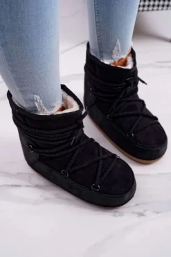 Damskie Boto Damskie Botki Śniegowce Ocieplane Futerkiem Czarne Veme