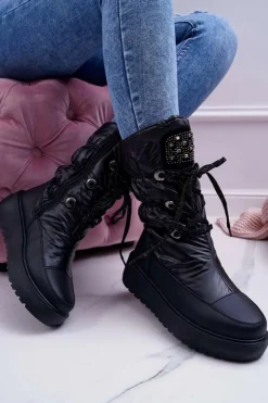 Best Boto Damskie Botki Śniegowce Ocieplane Futerkiem Czarne Honor