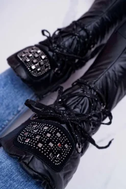 Best Boto Damskie Botki Śniegowce Ocieplane Futerkiem Czarne Honor