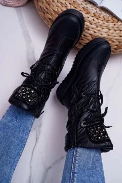 Best Boto Damskie Botki Śniegowce Ocieplane Futerkiem Czarne Honor