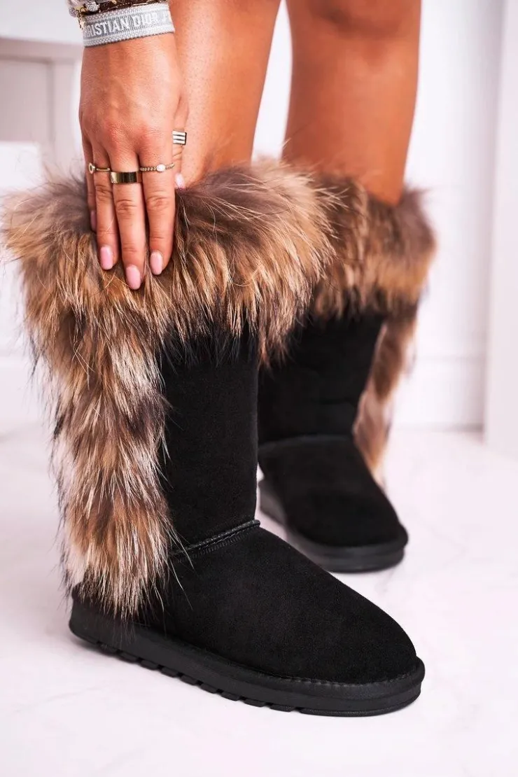 Damskie Boto Damskie Botki Śniegowce Ocieplane Futerkiem Skóra Zamsz Czarne Balvin