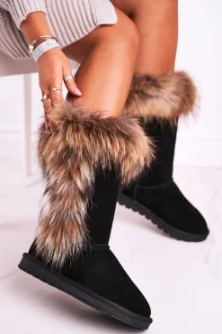 Damskie Boto Damskie Botki Śniegowce Ocieplane Futerkiem Skóra Zamsz Czarne Balvin