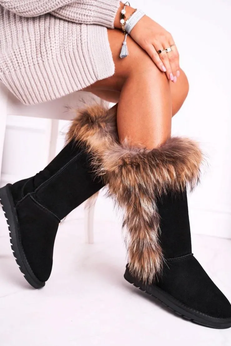 Damskie Boto Damskie Botki Śniegowce Ocieplane Futerkiem Skóra Zamsz Czarne Balvin