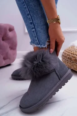 Boto Śniegowce Damskie*Damskie Botki Śniegowce Ocieplane Futerkiem Skóra Zamsz Szare Memento