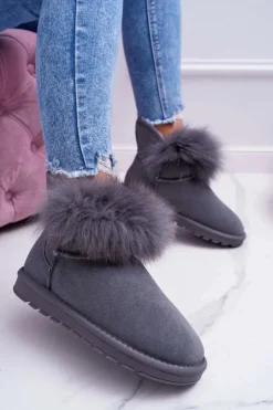 Boto Śniegowce Damskie*Damskie Botki Śniegowce Ocieplane Futerkiem Skóra Zamsz Szare Memento