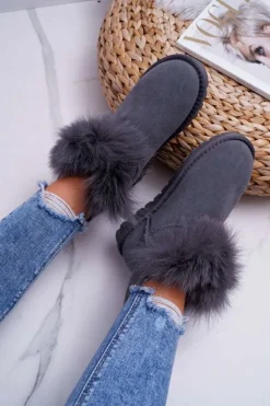 Boto Śniegowce Damskie*Damskie Botki Śniegowce Ocieplane Futerkiem Skóra Zamsz Szare Memento