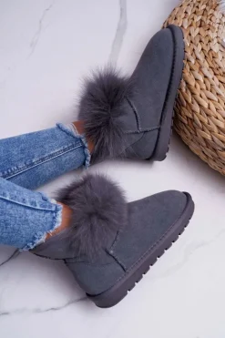 Boto Śniegowce Damskie*Damskie Botki Śniegowce Ocieplane Futerkiem Skóra Zamsz Szare Memento