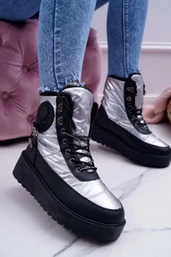 Outlet Boto Damskie Botki Śniegowce Ocieplane Futerkiem Srebrne Fahrenheit