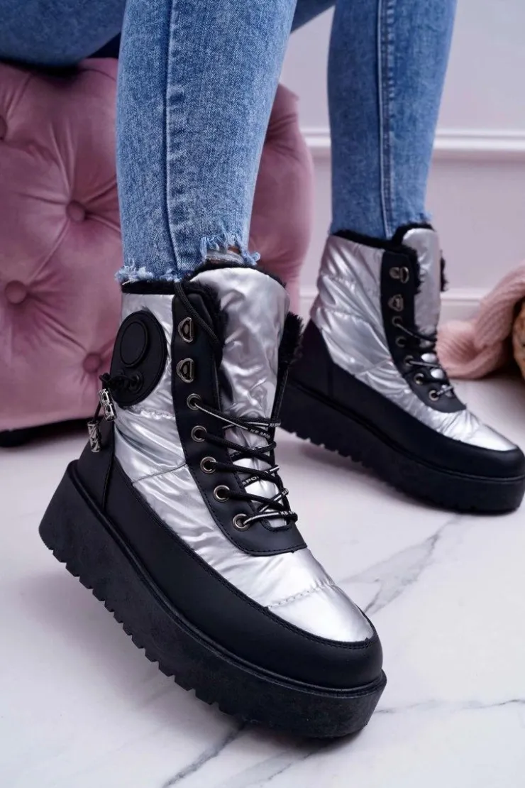 Outlet Boto Damskie Botki Śniegowce Ocieplane Futerkiem Srebrne Fahrenheit