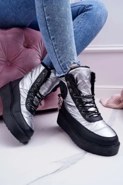 Outlet Boto Damskie Botki Śniegowce Ocieplane Futerkiem Srebrne Fahrenheit