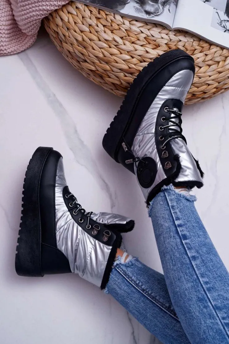 Outlet Boto Damskie Botki Śniegowce Ocieplane Futerkiem Srebrne Fahrenheit