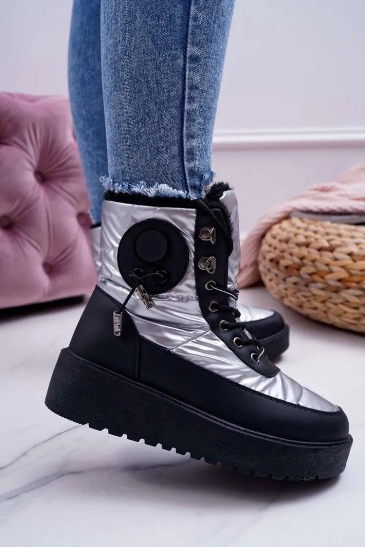 Outlet Boto Damskie Botki Śniegowce Ocieplane Futerkiem Srebrne Fahrenheit