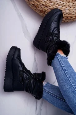 Boto Śniegowce Damskie*Damskie Botki Śniegowce Ocieplane Futerkiem Czarne Calma