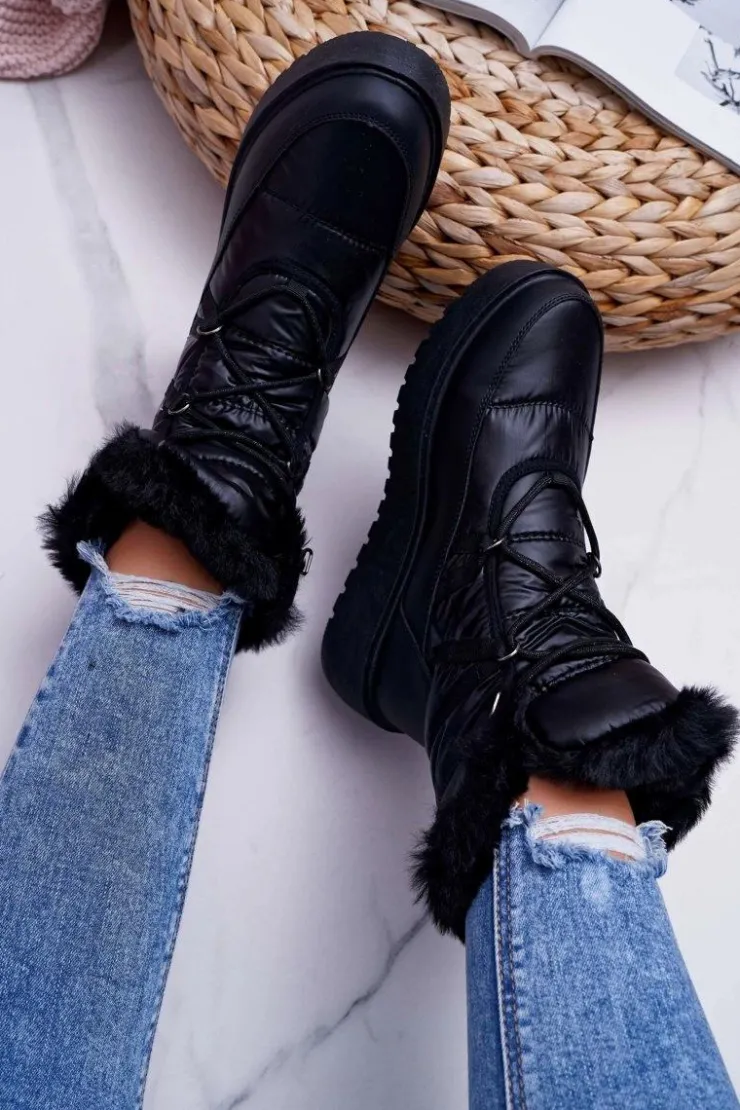 Boto Śniegowce Damskie*Damskie Botki Śniegowce Ocieplane Futerkiem Czarne Calma