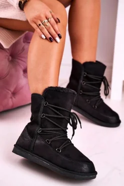 Boto Śniegowce Damskie*Damskie Botki Śniegowce Ocieplane Futerkiem Czarne Ilana