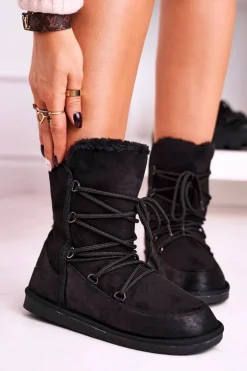 Boto Śniegowce Damskie*Damskie Botki Śniegowce Ocieplane Futerkiem Czarne Ilana