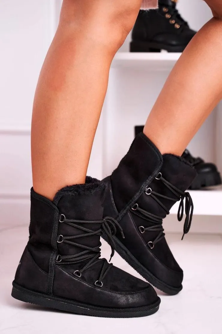 Boto Śniegowce Damskie*Damskie Botki Śniegowce Ocieplane Futerkiem Czarne Ilana