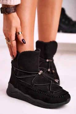 New Boto Damskie Botki Śniegowce Sportowe Ocieplane Futerkiem Czarne Synte