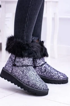 Clearance Boto Damskie Botki Śniegowce Wysokie Z Futerkiem i Brokatem Fourrure