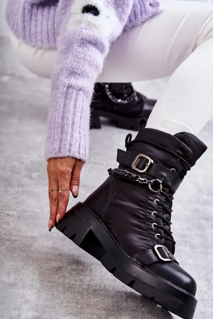 GOE Damskie Botki Śniegowce Z Łańcuchem KK2N4018 Czarne