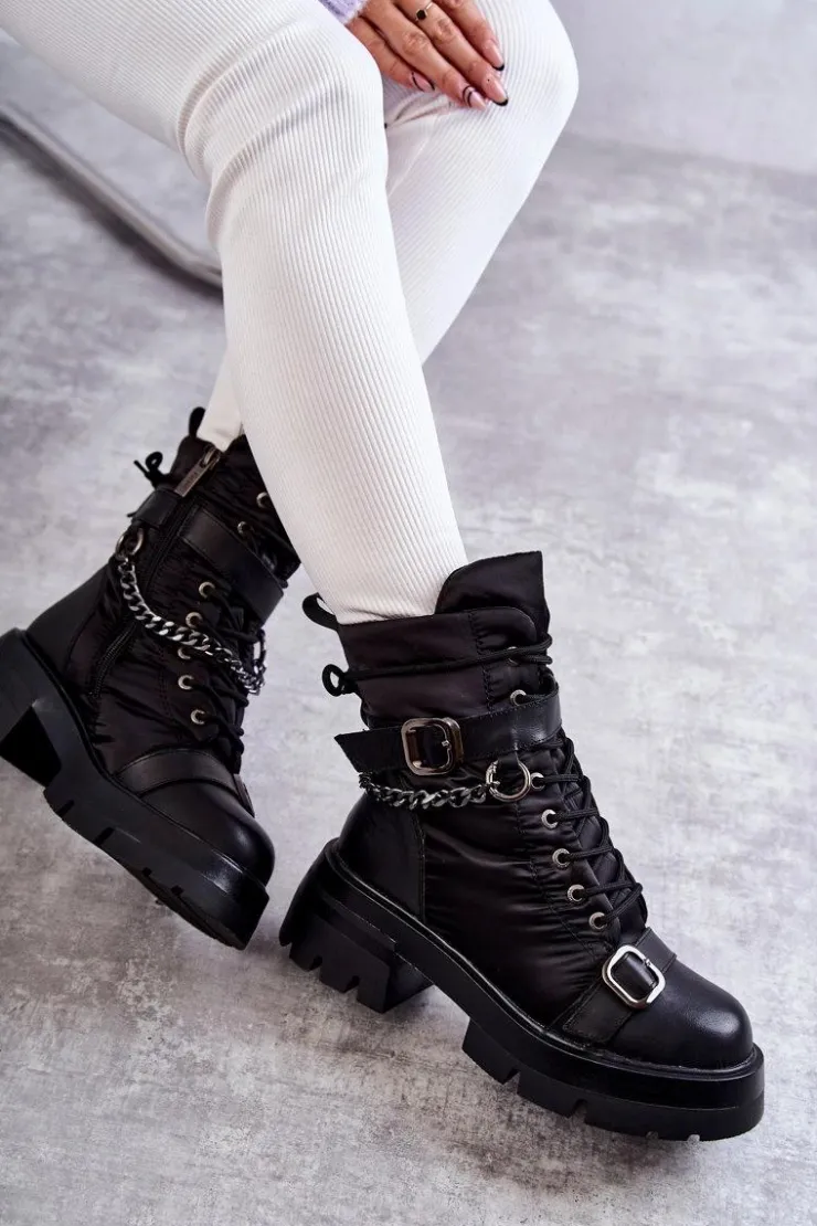 GOE Damskie Botki Śniegowce Z Łańcuchem KK2N4018 Czarne