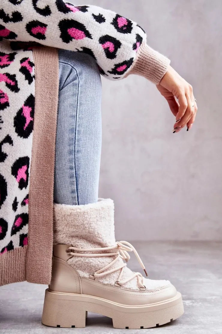 Boto Śniegowce Damskie|Damskie Trapery*Damskie Botki Śniegowce Z Kożuszkiem Beżowe Sanna