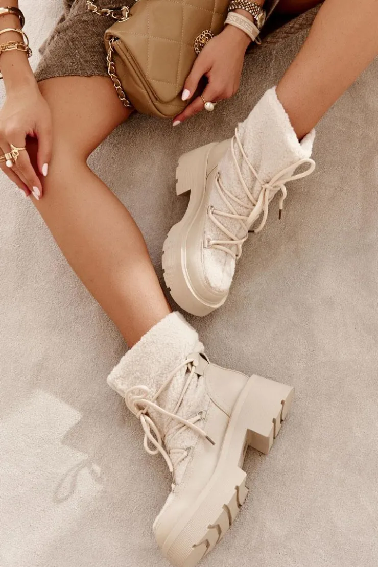 Boto Śniegowce Damskie|Damskie Trapery*Damskie Botki Śniegowce Z Kożuszkiem Beżowe Sanna