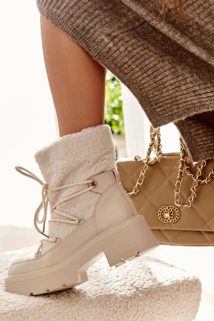 Boto Śniegowce Damskie|Damskie Trapery*Damskie Botki Śniegowce Z Kożuszkiem Beżowe Sanna