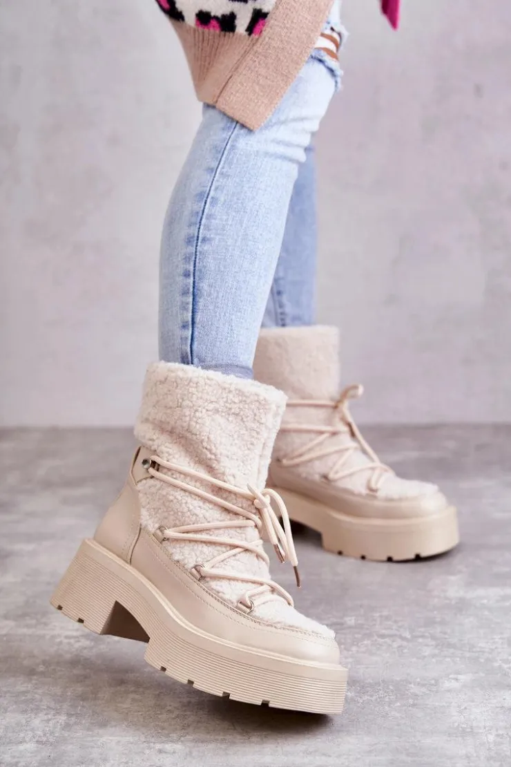 Boto Śniegowce Damskie|Damskie Trapery*Damskie Botki Śniegowce Z Kożuszkiem Beżowe Sanna