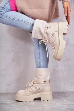 Boto Śniegowce Damskie|Damskie Trapery*Damskie Botki Śniegowce Z Kożuszkiem Beżowe Sanna