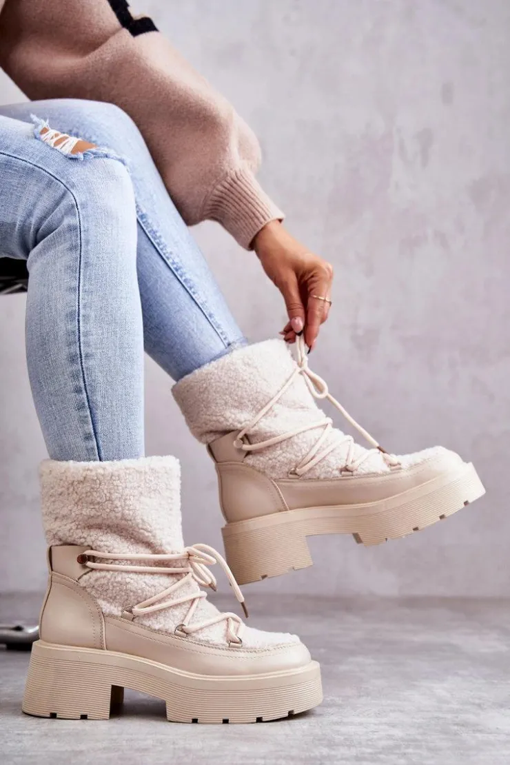 Boto Śniegowce Damskie|Damskie Trapery*Damskie Botki Śniegowce Z Kożuszkiem Beżowe Sanna