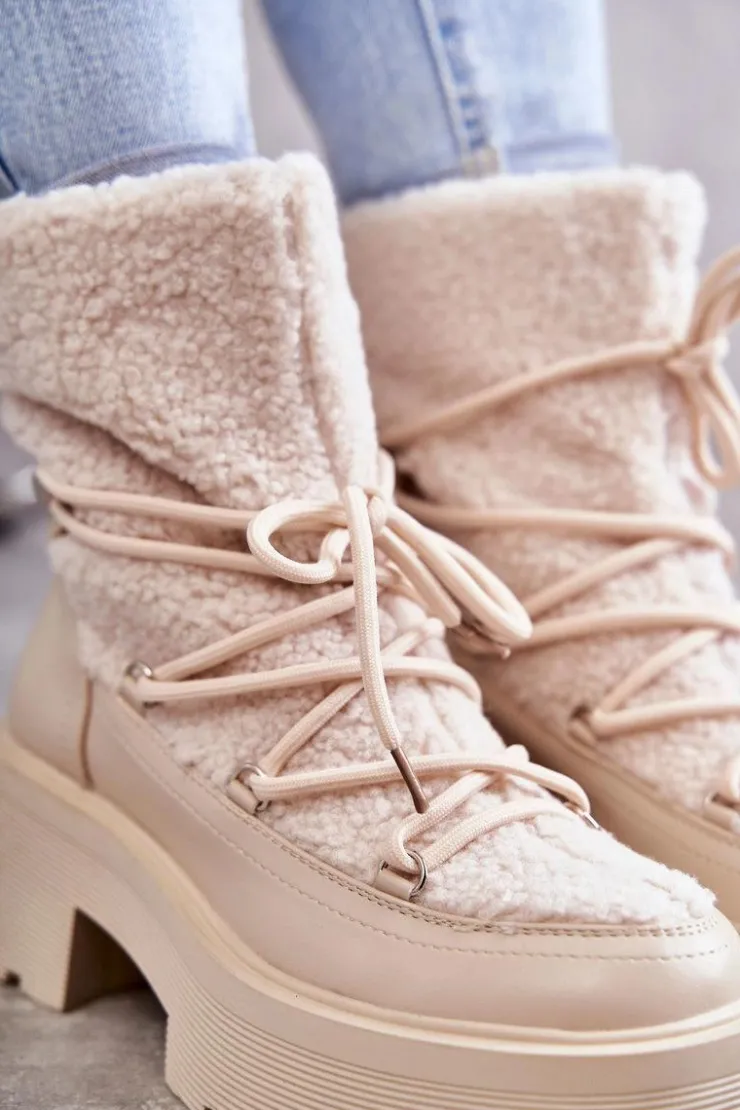 Boto Śniegowce Damskie|Damskie Trapery*Damskie Botki Śniegowce Z Kożuszkiem Beżowe Sanna