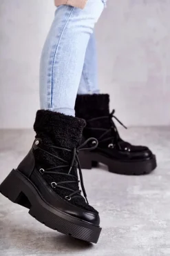 Best Boto Damskie Botki Śniegowce Z Kożuszkiem Czarne Sanna