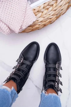 New Boto Damskie Botki Nity Klamry Czarne Berugio