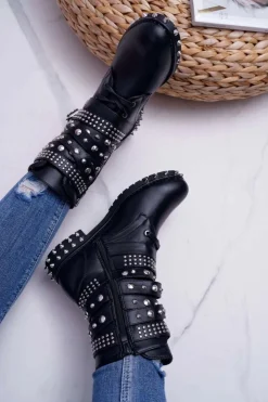 Damskie Boto Damskie Botki Nity Kolce Czarne Verona