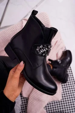 Damskie Boto Damskie Botki Ocieplane Kryształki Czarne Somingo