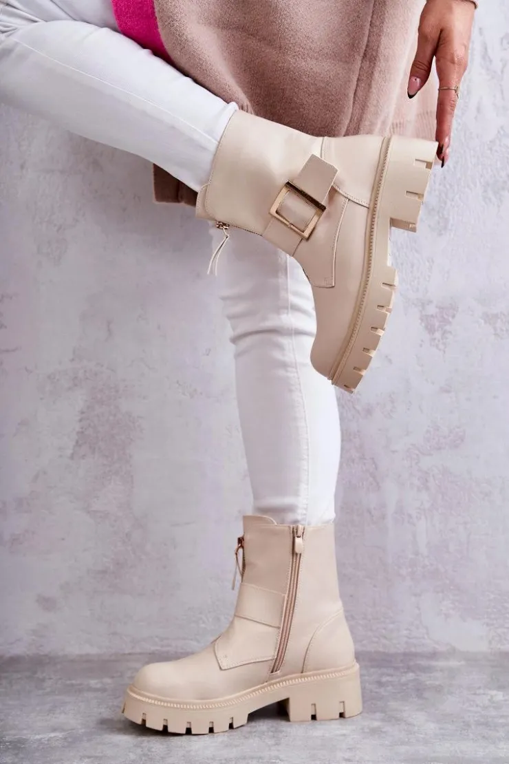 Boto Damskie Botki Ocieplane Na Suwak Beżowe Torey