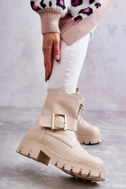 Boto Damskie Botki Ocieplane Na Suwak Beżowe Torey