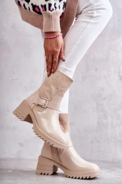 Boto Botki Ocieplane|Czarne Botki*Damskie Botki Ocieplane Na Masywnym Obcasie Beżowe Marinela Beżowy