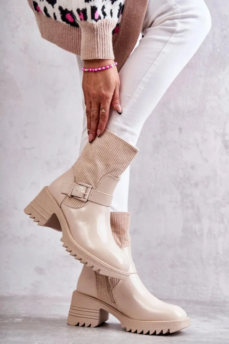 Boto Botki Ocieplane|Czarne Botki*Damskie Botki Ocieplane Na Masywnym Obcasie Beżowe Marinela Beżowy