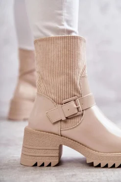 Boto Botki Ocieplane|Czarne Botki*Damskie Botki Ocieplane Na Masywnym Obcasie Beżowe Marinela Beżowy