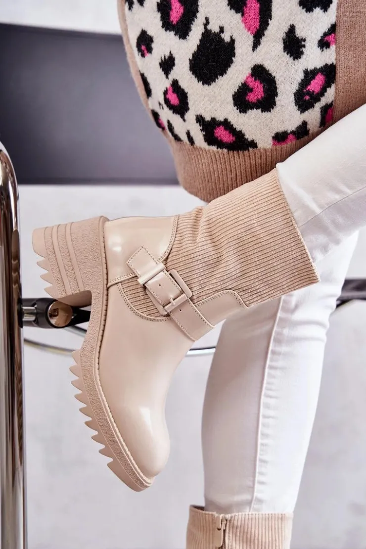 Boto Botki Ocieplane|Czarne Botki*Damskie Botki Ocieplane Na Masywnym Obcasie Beżowe Marinela Beżowy