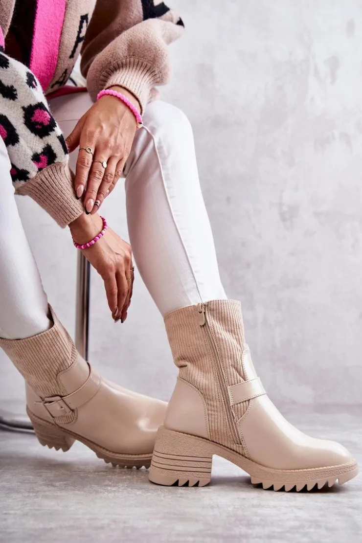 Boto Botki Ocieplane|Czarne Botki*Damskie Botki Ocieplane Na Masywnym Obcasie Beżowe Marinela Beżowy
