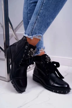 Clearance Boto Damskie Botki Ocieplane Wstążka Ćwieki Grethan