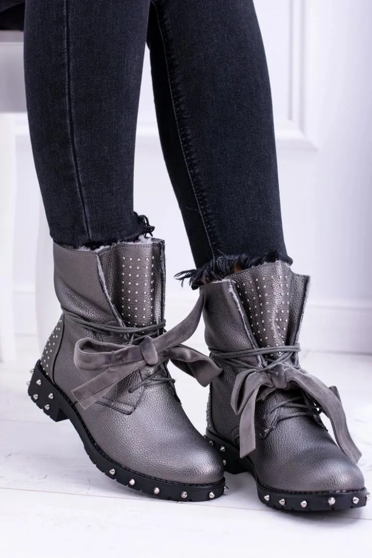 Boto Botki Sznurowane|Botki Zimowe Damskie*Damskie Botki Ocieplane Z Kolcami i Dżetami Srebrne Neso