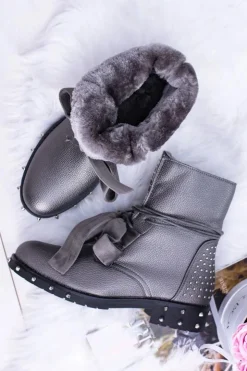 Boto Botki Sznurowane|Botki Zimowe Damskie*Damskie Botki Ocieplane Z Kolcami i Dżetami Srebrne Neso