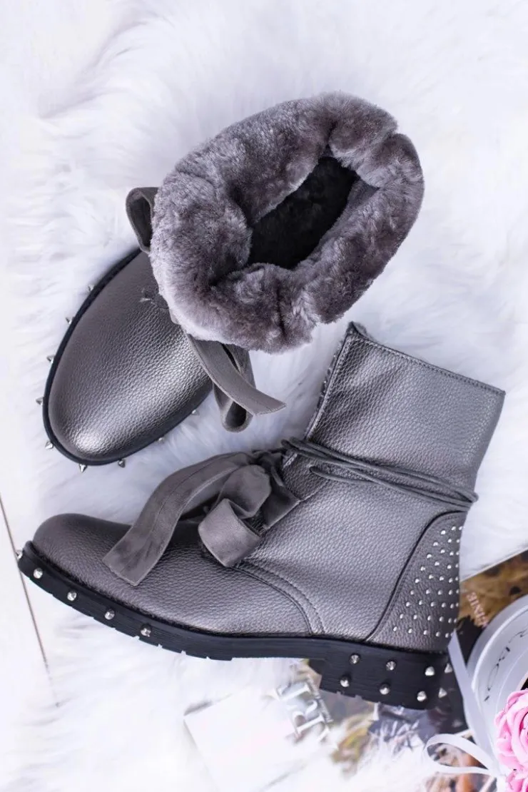 Boto Botki Sznurowane|Botki Zimowe Damskie*Damskie Botki Ocieplane Z Kolcami i Dżetami Srebrne Neso